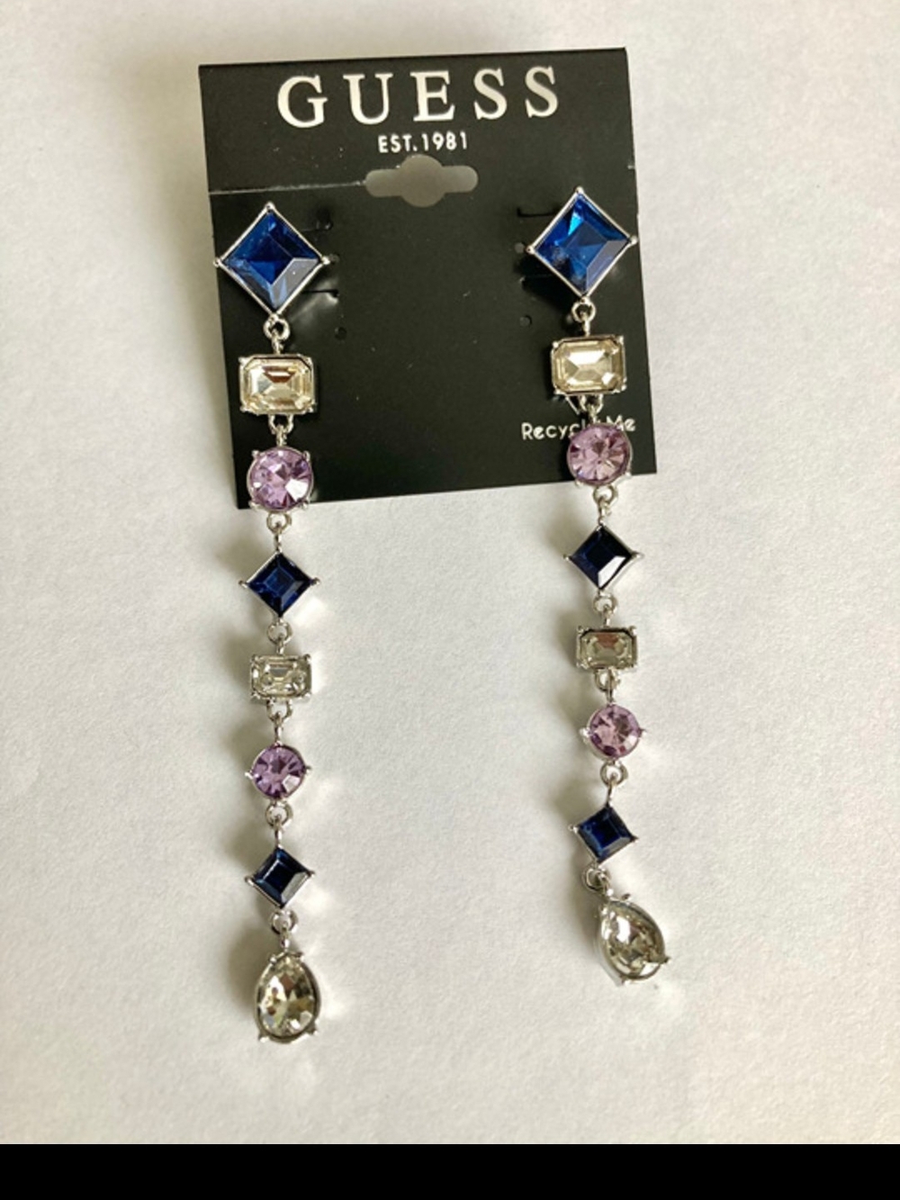 GUESS Long Multicolor Crystal Drop Earrings in Blue, Purple & Clear